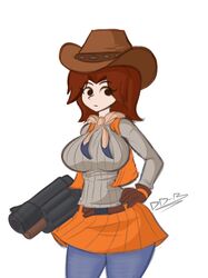 1girls big_breasts breasts cowboy_hat dodo-bot female female_only gun mii mii_fighter_costume mii_gunner mii_gunner_(smash_4) mob_face nintendo solo super_smash_bros. super_smash_bros._for_nintendo_3ds_and_wii_u tagme white_background