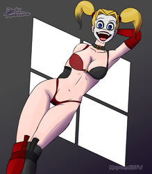 1girls batman:_arkham_city batman_(series) belly_button blonde_hair bra breasts cleavage clown dc dc_comics female female_only harley_quinn legs lingerie makeup mapashonsfw naked necklace neckline solo thick_thighs thong white_body white_skin