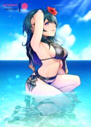 1girls adjusting_hair alternate_costume arm_up armpits bare_legs bikini black_bikini black_swimsuit blue_eyes blue_hair blue_sky byleth_(fire_emblem) byleth_(fire_emblem)_(female) byleth_(summer)_(fire_emblem)_(female) cape cloud commentary day fire_emblem fire_emblem:_three_houses fire_emblem_heroes flower hair_flower hair_ornament kneeling lips long_hair looking_at_viewer medium_breasts medium_hair mystra77 navel nintendo ocean official_alternate_costume partially_submerged pose red_flower sandals seaside sideboob sky smile solo solo_female stomach swimsuit teal_hair thighs water