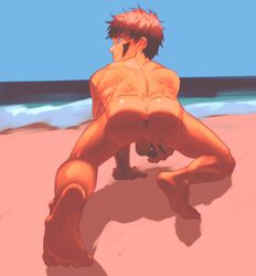 1boy anus ass beach bent_over brown_hair crawling from_behind genitals inuzuka_kiba kneeling leaning leaning_forward looking_back maiheihei male male_only naked naruto naruto_(series) naruto_shippuden nude outdoor_nudity outdoors posing puffy_anus sand sea short_hair solo solo_focus solo_male testicles water