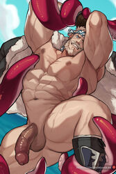 1boy abs bara bare_pectorals beard bound bound_arms bound_legs daydreamerjim facial_hair flaccid granblue_fantasy headband imminent_sex jacket jacket_on_shoulders large_pectorals male_focus male_only mature_male moustache muscular muscular_male navel nipples no_pants old old_man pectorals penis scar scar_on_chest short_hair solo soriz spread_legs stomach tentacle tentacles_on_male thick_thighs thighs uncensored veins veiny_penis