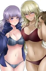 2girls alternate_costume asymmetrical_docking bare_shoulders bikini blonde_hair blue_bikini blue_swimsuit blush breast_squeeze cleavage collarbone dark-skinned_female dark_skin female_only fire_emblem fire_emblem:_the_binding_blade huge_breasts igrene_(fire_emblem) jacket large_breasts looking_at_viewer multiple_girls nintendo open_mouth purple_eyes purple_hair red_bikini red_swimsuit sideboob smile sophia_(fire_emblem) swimsuit toshimasa underboob wide_hips yuri