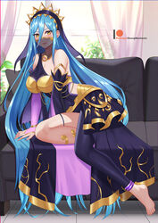 1girls alternate_costume azura_(diva)_(fire_emblem) azura_(fire_emblem) barefoot blue_hair blush breasts chungmechanic couch dancer detached_sleeves female fire_emblem fire_emblem_fates fire_emblem_heroes fire_emblem_warriors frown hair_between_eyes highres indoors large_breasts light_blue_hair long_hair long_sleeves looking_at_viewer mouth_veil nintendo see-through solo solo_female songstress veil very_long_hair yellow_eyes