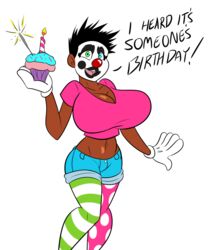 1girls big_breasts brown_body brown_skin cleavage clothing clown clown_makeup cupcake dark-skinned_female dark_skin dialogue female hourglass_figure large_breasts legs original original_character short_hair thighs ultimatez uztweetys voluptuous