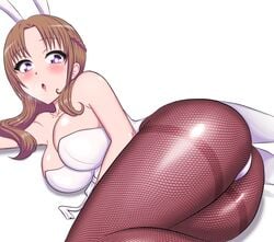 ass blush breasts brown_hair bunny_ears bunny_girl bunnysuit female female_only hi_res huge_ass large_breasts leotard looking_at_viewer milf mother oosuki_mamako purple_eyes rabbit_girl shinjicoca side_view solo thick_thighs thin_waist tights tsuujou_kougeki_ga_zentai_kougeki_de_ni-kai_kougeki_no_okaasan_wa_suki_desu_ka? white_background wide_hips