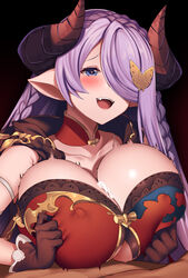 1boy bangs bare_shoulders blue_eyes blush braid breast_squeeze breasts brown_gloves butterfly_hair_ornament cleavage cum cum_on_body cum_on_breasts detached_collar draph dress female gloves granblue_fantasy hair_ornament hair_over_one_eye highres horns large_breasts light_purple_hair long_hair narmaya_(granblue_fantasy) open_mouth paizuri pointy_ears raiou red_dress smile straight