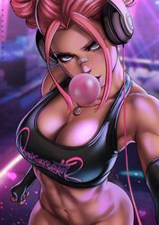 1girls abs bandage big_breasts blue_eyes bottomless bottomless_female bra breasts bubble bubble_(dandon_fuga) bubble_gum cleavage close-up clothed clothing dandon_fuga dark-skinned_female dark_skin female female_focus female_only fit fit_female hair_bun headphones large_breasts looking_at_viewer muscular muscular_female navel necklace no_panties no_pants original original_character pink_hair selfie solo solo_female solo_focus sports_bra toned toned_female