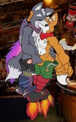 10:16 anthro boots clothing duo flying footwear fox_mccloud genitals hi_res how-did-we-get-here jet_pack kissing male male/male masturbation nintendo penis rocket_boots star_fox video_games wolf_o'donnell