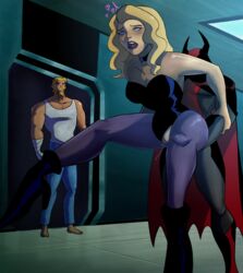 ahe_gao anal anal_sex black_canary blonde_hair blue_eyes blush cleavage clothing_aside dc dc_comics dcau dinah_lance green_arrow green_arrow_(series) justice_league_unlimited leotard_aside oliver_queen pussy pussy_juice squirting stand_and_carry_position xeroshadows