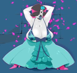 1girls bikini bikini_top female hands_behind_head huge_breasts mettaton mettaton_ex mrxharlequinn rule_63 solo tongue tongue_out undertale