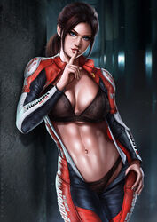 1girls abs alternate_costume big_breasts blue_eyes bodysuit bra breasts brown_hair capcom child_bearing_hips claire_redfield cleavage clothed clothing dandon_fuga elza_walker female female_focus female_only fit fit_female freckles hips large_breasts lingerie looking_at_viewer midriff navel open_clothes open_suit panties ponytail racing_suit resident_evil resident_evil_2 shushing solo solo_female solo_focus standing thick_thighs thighs toned toned_female underwear undressing