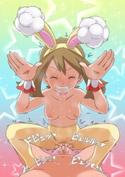 1boy 1girls absurdres animal_ears bangs blush breasts breath brown_hair bunny_pose censored choker clenched_teeth closed_eyes clothed_female_nude_male collarbone commentary_request cum cum_in_pussy eyelashes fake_animal_ears female hairband hands_up highres may_(pokemon) miraa_(chikurin) nipples nude official_alternate_costume overflow pantyhose penis pink_choker pink_footwear pokemon pokemon_(game) pokemon_masters pokemon_masters_ex pussy sex shoes small_breasts sparkle spread_legs spring_may_(pokemon_masters) squatting_cowgirl_position star_(symbol) straight sweat teeth topless torn_clothes torn_legwear vaginal_penetration wrist_cuffs yellow_hairband yellow_legwear