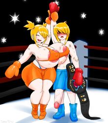 1boy 1boy1girl 1girls aged_up alternate_breast_size bailey bailey_aran boxing boxing_gloves boxing_ring brother brother_and_sister busty champion championship_belt cleavage curvy female gloves hyper justin justin_aran metroid mixed_boxing nintendo orange_boxing_gloves orange_gloves original original_character red_boxing_gloves red_gloves sanka-tetsu sister small_clothes thong tight_clothing twintails