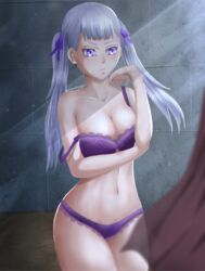 arms_up black_clover blush bra bra_slip bra_strap breasts cleavage clothed curtain female female female_only hair_ribbon hourglass_figure jimschteiger large_breasts long_hair noelle_silva panties partially_clothed presenting purple_eyes silver_hair solo solo_female standing teenager twintails underwear watermark wide_hips