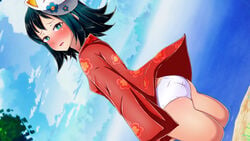 black_hair blue_eyes blush demon_slayer embarrassed female female_only haori illustpark0 japanese_clothes kimetsu_no_yaiba looking_at_viewer makomo panties solo upskirt white_panties