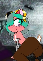 ass baby_tuttifruti_(artist) back_view blue_eyes blush green_hair horns jenny_jelly legs looking_back no_panties original original_character pink_skin short_tail the_amazing_world_of_gumball the_amazing_world_of_gumball_oc the_void