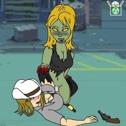 2girls artist_logo belt big_breasts biting_lip black_pants black_topwear blonde_hair blood bloody_hands blue_eyes blush boots breasts brown_boots charlotte_(dead_ahead) cleavage clothed clothed_female dead_ahead female female/female female_only green_skin grey_shirt grey_sleeves gun hand_on_knee hat human looking_at_partner looking_away low_cut_top lying lying_on_back lying_on_floor medium_breasts medium_hair multiple_girls navel necrophilia on_floor open_mouth outside pale-skinned_female pale_skin pants pussy pussy_juice reaching reaching_for_weapon request revolver ripped_clothing ripped_pants shirt short_hair short_sleeves stomach thighs toxicbox white_hat witch_(dead_ahead) yellow_eyes yellow_sclera yuri zombie zombie_girl