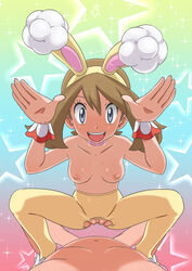 1boy 1girls :d absurdres animal_ears bangs blush breasts brown_hair bunny_ears bunny_pose choker clothed_female_nude_male collarbone commentary_request eyelashes fake_animal_ears female grey_eyes hairband hands_up highres may_(pokemon) miraa_(chikurin) nipples nude official_alternate_costume open_mouth pantyhose pink_choker pink_footwear pokemon pokemon_(game) pokemon_masters pokemon_masters_ex pussy shoes smile sparkle spread_legs spring_may_(pokemon_masters) squatting_cowgirl_position star_(symbol) straight tongue topless torn_clothes torn_legwear upper_teeth wrist_cuffs yellow_hairband yellow_legwear