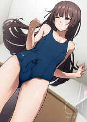 1boy 4690_(tkpbsk) androgynous balls brown_hair bulge erection_under_clothes femboy girly long_hair male nipple_bulge one-piece_swimsuit one_eye_closed original penis_bulge precum solo standing swimsuit wet_clothes