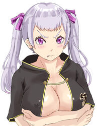 1girls angry arms_crossed arms_crossed_under_breasts arms_under_breasts black_bulls_uniform black_clover blush breast_press breasts cleavage cloak covered_breasts embarrassed female female_only glaring hair_ribbon large_breasts long_hair looking_at_viewer nipple_bulge no_bra noelle_silva purple_eyes shirtless silver_hair solo solo_female sticking_out_tongue teenager tongue_out tukemen_gyokai twintails white_background