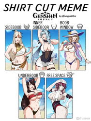 5girls abs armpits arms_up auburn_hair beidou_(genshin_impact) big_breasts bikini bikini_bottom bikini_top blue_hair boob_window bra breasts brown_hair cape cleavage cleavage_cutout closed_eyes clothed clothing eula_(genshin_impact) eye_patch female female_only fit fit_female genshin_impact green_eyes hair_between_eyes hair_flower hair_ornament hair_over_one_eye hand_on_head hat headwear hips holding_pipe human inner_sideboob iury_padilha kiseru large_breasts leotard light-skinned_female light_skin lisa_(genshin_impact) long_hair looking_at_viewer medium_hair meme midriff multiple_girls navel ningguang_(genshin_impact) nun one-piece_swimsuit pale-skinned_female pale_skin pipe purple_rose red_eyes red_hair rosaria_(genshin_impact) shirt_cut_meme short_hair shorts sideboob skirt smile smiling summer sun_hat swimsuit swimwear thick_thighs thighs toned toned_female towel towel_on_head tropical underboob very_long_hair water wet wet_skin white_hair