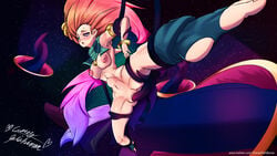 coreyfishboner grown_up league_of_legends stomach_bulge suspension tentacle tentacle_sex vel'koz zoe_(league_of_legends)