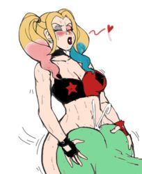 1futa 1girls 2d 2d_(artwork) ass ass_grab batman_(series) blonde_hair blush choker closed_eyes clothes collar cum cum_explosion cum_inside curvy dc dc_comics doggy_style eyeshadow female futa_on_female futanari green_skin harley_quinn harley_quinn_(series) heart implied_futanari light-skinned_female lips lipstick makeup medium_breasts multicolored_hair multiple_girls outta_sync pants_down poison_ivy sex simple_background sweat sweatdrop thrusting thrusting_into_ass trembling twintails white_background