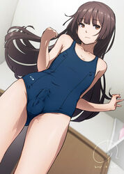 1boy 4690_(tkpbsk) androgynous balls brown_hair bulge erection_under_clothes femboy girly long_hair male nipple_bulge one-piece_swimsuit original penis_bulge solo standing swimsuit