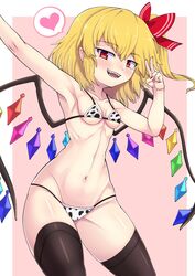 1girls blonde_hair cow_print doku_yanagi female flandre_scarlet flat_chest moudokuyanagi small_breasts solo touhou vampire wings