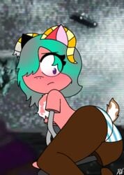 ass baby_tuttifruti_(artist) back_view blue_eyes blush green_hair horns jenny_jelly legs original panties pink_skin short_tail striped_panties the_amazing_world_of_gumball the_amazing_world_of_gumball_oc the_void