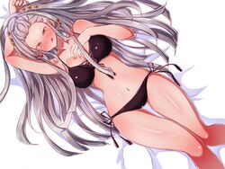 alternate_costume bikini black_bikini blush daki_(kimetsu_no_yaiba) dakimakura demon_slayer female female_only hair_ornament illustpark0 kimetsu_no_yaiba licking_lips long_hair looking_at_viewer on_back side-tie_bikini silver_hair solo swimsuit thigh_gap very_long_hair wide_hips yellow_eyes