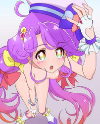 1girls ahoge amamimem bow breasts_downward costume cure_coral exposed_torso female fuooooo hand_on_knee hanging_breasts hat magical_girl magical_girl_outfit naked_torso nude nude_female precure pretty_cure purple_hair small_breasts suzumura_sango teenage_girl teenager tropical-rouge!_precure