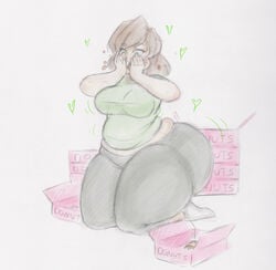 1girls allymoodyneko ass_expansion comic eating huge_ass sequence thick_thighs traditional_art weight_gain