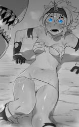 1girls big_breasts blue_eyes cameltoe defeated defeated_heroine imminent_rape imminent_sex kirin_(armor) monochrome monster monster_hunter niwarhythm panties scared see-through sweat torn_clothes wet