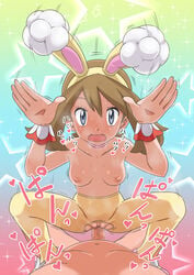 1boy 1girls absurdres animal_ears bangs blush breasts breath brown_hair bunny_ears bunny_pose censored choker clothed_female_nude_male collarbone commentary_request eyelashes fake_animal_ears female grey_eyes hairband hands_up heart highres may_(pokemon) miraa_(chikurin) nipples nude official_alternate_costume open_mouth pantyhose penis pink_choker pink_footwear pokemon pokemon_(game) pokemon_masters pokemon_masters_ex pussy sex shoes small_breasts sparkle spread_legs spring_may_(pokemon_masters) squatting_cowgirl_position star_(symbol) straight tongue topless torn_clothes torn_legwear vaginal_penetration wrist_cuffs yellow_hairband yellow_legwear