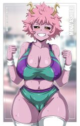 1girls 2022 antennae armband black_sclera booty_shorts breasts cameltoe cleavage curly_hair erect_nipples erect_nipples_under_clothes fat_pussy female female_only hips huge_breasts looking_at_viewer midriff mina_ashido my_hero_academia naughty_face nipples pink_body pink_hair pink_skin puffy_pussy sano-br short_hair short_shorts shorts shounen_jump skindentation slim_waist smile sports_bra sportswear suggestive_look sweat sweaty_body thick_thighs thighhighs thighs white_thighhighs wide_hips yellow_eyes