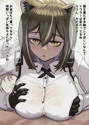 1boy animal_ears arknights blouse breast_squeeze breasts brown_hair claws female freckles gino open_mouth paizuri paizuri_under_clothes pubic_hair robin_(arknights) see-through speech_bubble tail translation_request unbuttoned unbuttoned_shirt white_blouse yellow_eyes