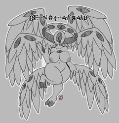 angel anthro biblical biblically_accurate_angel breasts claws edit eyes female female_only grey_body halo humanoid mr._ink multi_eye multi_wing nipples seraph simple_background solo text wings