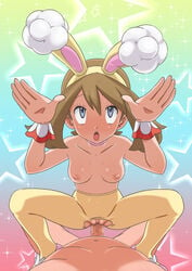 1boy 1girls absurdres animal_ears bangs breasts brown_hair bunny_ears bunny_pose censored choker clothed_female_nude_male collarbone commentary_request eyelashes fake_animal_ears female grey_eyes hairband hands_up highres may_(pokemon) miraa_(chikurin) mosaic_censoring nipples nude official_alternate_costume open_mouth pantyhose penis pink_choker pink_footwear pokemon pokemon_(game) pokemon_masters pokemon_masters_ex pussy rolling_eyes sex shoes small_breasts sparkle spread_legs spring_may_(pokemon_masters) squatting_cowgirl_position star_(symbol) straight sweat tongue topless torn_clothes torn_legwear upper_teeth vaginal_penetration wrist_cuffs yellow_hairband yellow_legwear