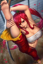 1girls armpits barefoot breasts brown_eyes cleavage erza_scarlet fairy_tail feet female female_only foot_fetish foot_focus foreshortening from_above full_body hakama holding holding_sword holding_weapon japanese_clothes large_breasts linea_alba long_hair looking_at_viewer navel neoartcore pants pink_nails ponytail print_pants red_hair red_hakama red_pants sarashi shadow smile soles solo splits standing standing_on_one_leg sword toes vertical_splits very_long_hair weapon