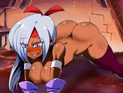 1girls ass blush breasts cleavage dark-skinned_female edit female gloves hair_over_one_eye headband purple_eyes shantae shantae_and_the_pirate's_curse shantae_and_the_seven_sirens silver_hair smile smooth_skin solo_focus squidsmith sweat sweatdrop thighhighs tsuki_wani tsukiwani tukiwani wayforward