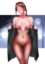 black_coat blush blushing breasts_visible_through_clothing brown_hair coat coat_removed curvaceous curvy embarrassed exposed_breasts exposed_pussy huge_breasts idolmaster idolmaster_cinderella_girls mature_female mifune_miyu milf nylons open_jacket open_mouth plump puni2brain pussy_visible_through_clothes revealing_clothes see-through see-through_clothing see-through_dress see_through_clothing short_hair taking_clothes_off thick_thighs thigh_gap tied_hair useless_clothing voluptuous