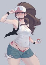 1girls brown_hair clothed color_sketch female_only hat hilda_(pokemon) medium_breasts navel nintendo nipples_visible_through_clothing panties panties_visible pokemon pokemon_bw ponytail ryumi-gin shorts shorts_pull solo