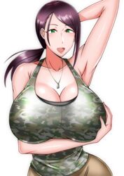 1girls armpits bare_shoulders big_breasts breasts brown_bottomwear camo_print camouflage_tank_top cleavage curvaceous curvy female female_only green_eyes green_topwear hand_behind_head hand_on_breast hand_on_nipple hand_under_breasts huge_breasts idolmaster idolmaster_cinderella_girls large_breasts looking_at_viewer mature_female milf military military_clothing open_mouth plump puni2brain purple_hair sexually_suggestive short_hair smug solo solo_female suggestive_pose tied_hair voluptuous yamato_aki