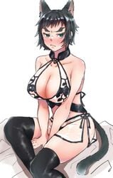 alternate_costume big_breasts black_hair cat_ears cat_tail catgirl cleavage demon_slayer female female_only genderbend genderswap genderswap_(mtf) green_eyes kaigaku kimetsu_no_yaiba large_breasts lingerie rule_63 short_hair solo thick_eyebrows thick_thighs thighhighs tomboy