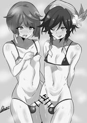 2boys balls_in_panties bikini blush crossdressing d_kake2 femboy frottage gay genshin_impact girly male_only monochrome puffy_nipples short_hair sweat trap twintails venti_(genshin_impact) wink xingqiu_(genshin_impact) yaoi