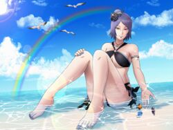 1girls armband bare_shoulders barefoot beach bent_knees big_breasts big_feet bird black_bikini blue_hair blue_sky breasts center_opening cleavage clothed_female clouds colored_nails dp1757 eyeshadow facial_piercing female female_only fish flashing flower flower_in_hair hair_buns hair_flower hair_ornament konan long_hair long_toes looking_down makeup mascara mature mature_female nail_polish naruto naruto_(series) naruto_shippuden necklace outdoors parted_bangs partially_submerged pendant piercing rainbow rainbow_tail sand seagull shiny shiny_hair shiny_skin side_bun sitting skindentation sky smile solo solo_female solo_focus sunlight swimsuit tied_hair underboob underboob_cutout water