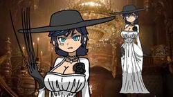 alcina_dimitrescu alternate_version_available angry angry_face bandage_on_face bandaid_on_face big_breasts big_hat black_hat black_rose blade_arm blue_eyes blue_highlights busty chibi claws cleavage curvy dark_blue_hair dark_hair fanart female hat hourglass_figure huge_breasts kim_han_yi_(writers_crusaders) long_claws looking_aside necklace pearl_necklace resident_evil resident_evil_8:_village solo_female sun_hat thin_waist tsundere tsurime wasp_waist wcjuan white_dress wide_hips writers_crusaders