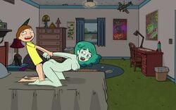 1boy 1girls all_fours ass bed bedroom breasts canon_couple cesarean_pizza doggy_style female from_behind green_hair interspecies male morty_smith nipples nude open_mouth planetina prison_guard_position rick_and_morty sex smile straight