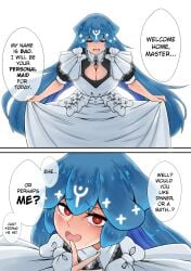 1girls bao_(vtuber) big_breasts blue_hair cleavage_cutout dialogue english_text fangs higher_resolution_duplicate indie_virtual_youtuber long_hair maid pov red_eyes runawaytourist solo very_long_hair virtual_youtuber white_dress